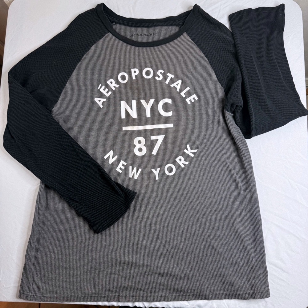 Aeropostale NYC 87 Raglan Thermal Shirt Grey Black Waffle Knit XL